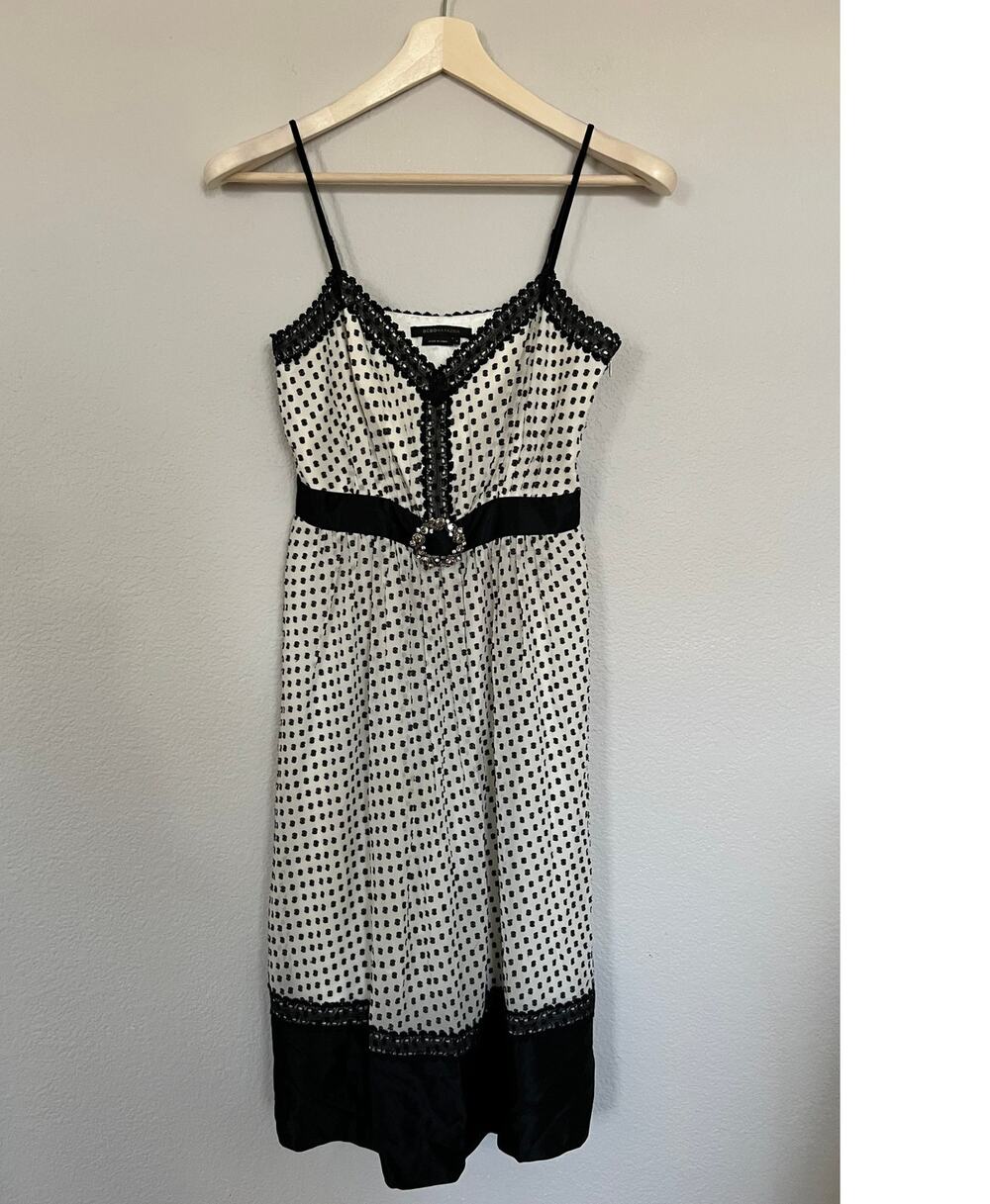 BCBG MAXAZRIA Silk Black White Polka Dot Lace Trim Dress Women's Size 4 Y2K